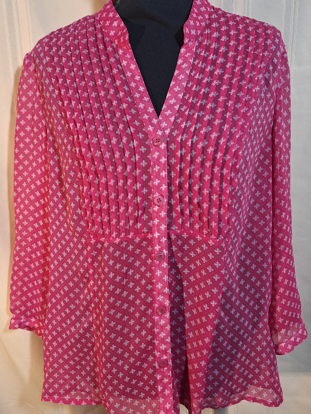 Christopher & Banks Pink Printed Pintuck Button-Up Blouse